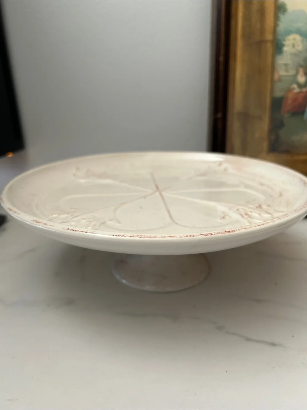 Source Unknown White Ceramic Pedestal Cake Stand with Pink Accents